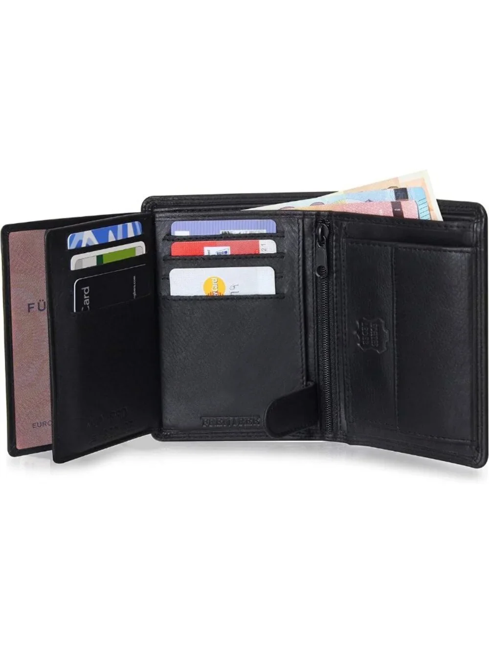 Men's Trifold Leather Wallet - RFID Protection, 15 Card Slots, Black, Stylish
